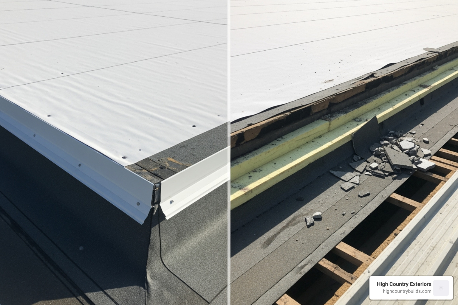 Side-by-side comparison of a re-roofed section next to a torn-off section, illustrating the layers involved in each process - Commercial re-roofing