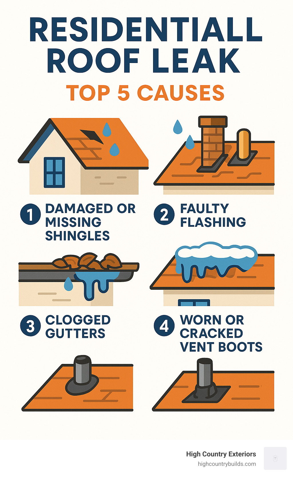 Infographic showing the top 5 causes of residential roof leaks: damaged or missing shingles, faulty flashing around chimneys and vents, clogged gutters causing water backup, ice dam formation in winter, and worn or cracked vent boots - Residential roof leak infographic 
