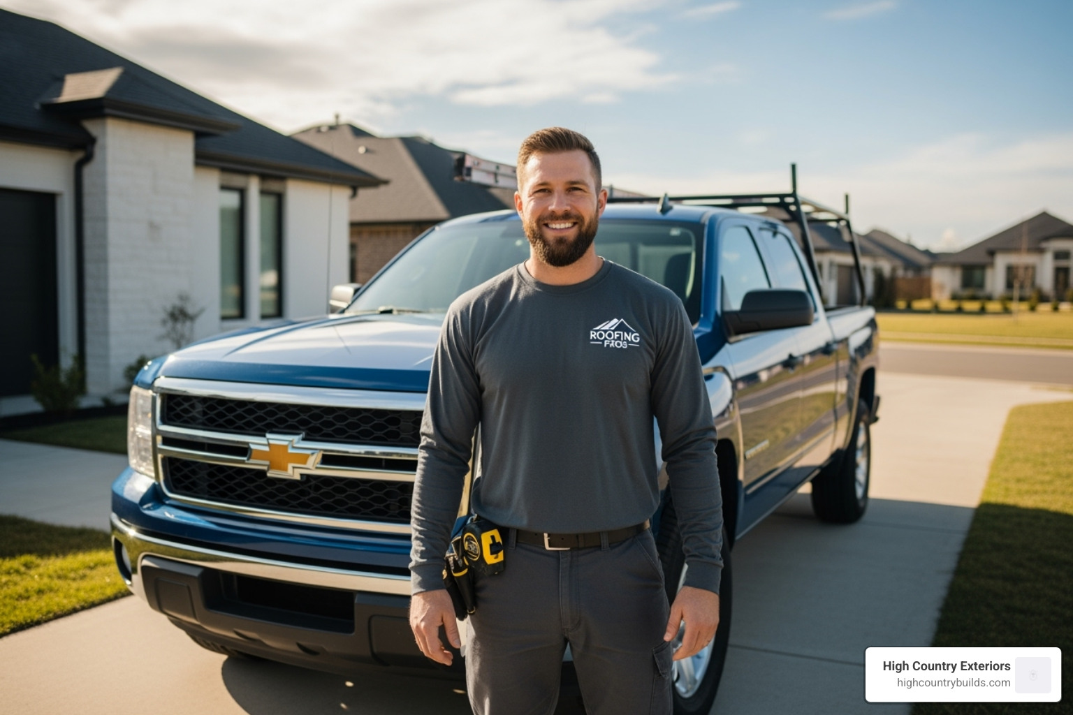 friendly, professional roofer in uniform standing in front of a company truck - residential roof replacement contractor friendly, professional roofer in uniform standing in front of a company truck - residential roof replacement contractor