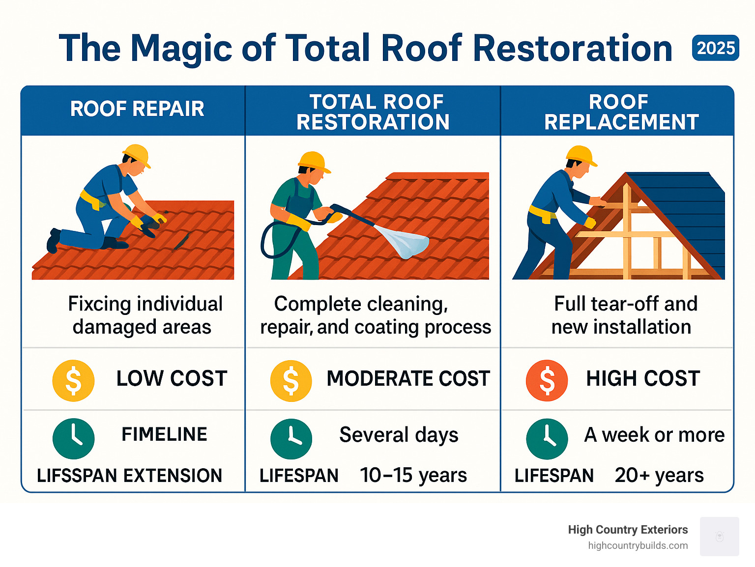 Comprehensive infographic showing the differences between roof repair (fixing individual damaged areas), total roof restoration (complete cleaning, repair, and coating process), and roof replacement (full tear-off and new installation) with cost comparisons, timelines, and typical lifespan extensions for each option - total roof restoration infographic Comprehensive infographic showing the differences between roof repair (fixing individual damaged areas), total roof restoration (complete cleaning, repair, and coating process), and roof replacement (full tear-off and new installation) with cost comparisons, timelines, and typical lifespan extensions for each option - total roof restoration infographic