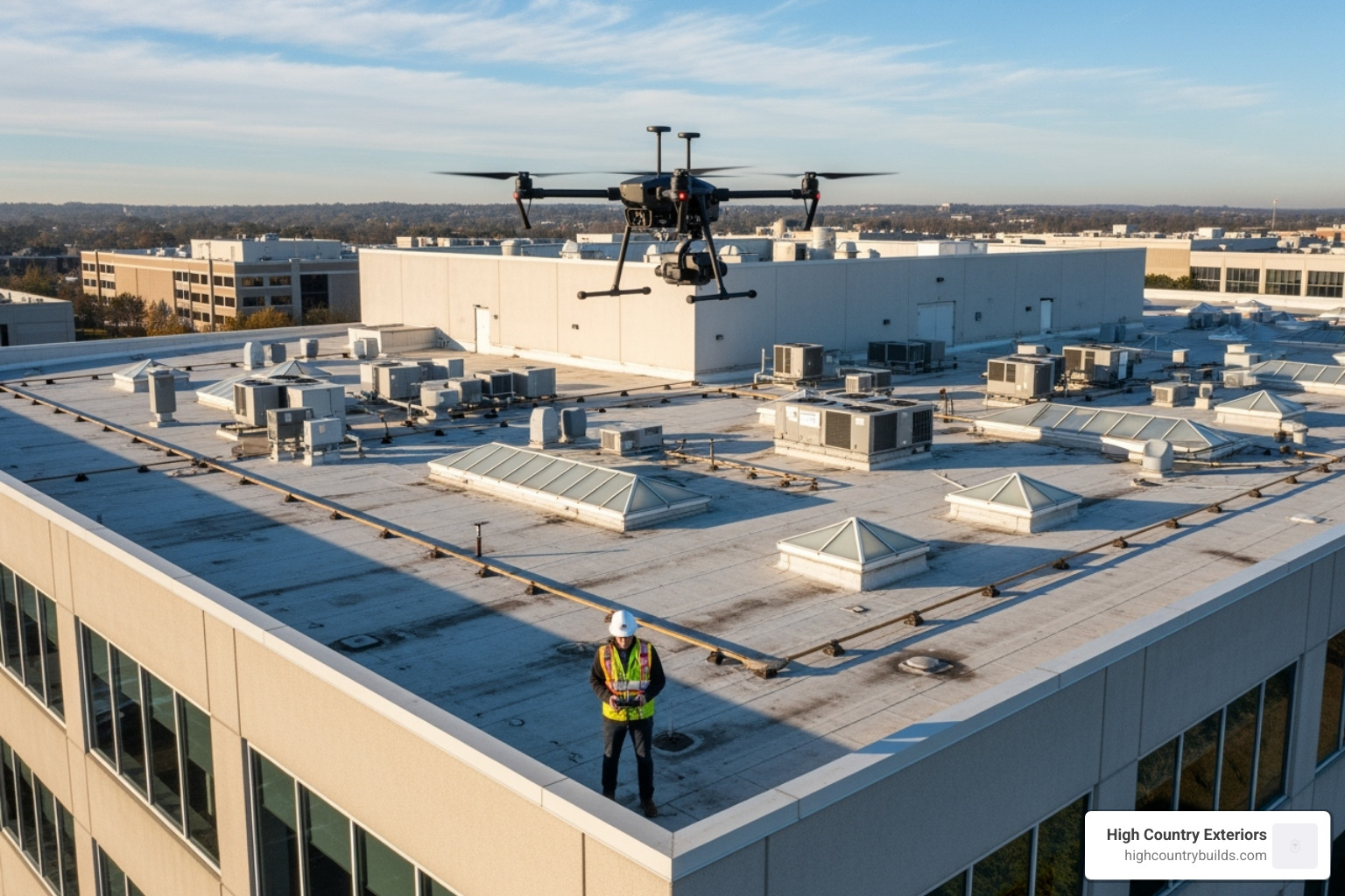 A professional conducting a commercial roof inspection with a drone, surveying a large commercial building from above - Commercial re-roofing