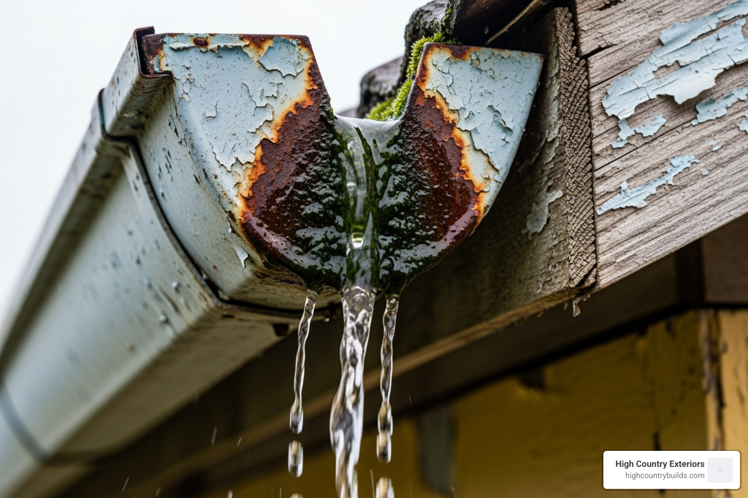 of a rusty, sagging gutter with peeling paint and water overflowing - guttering replacement near me