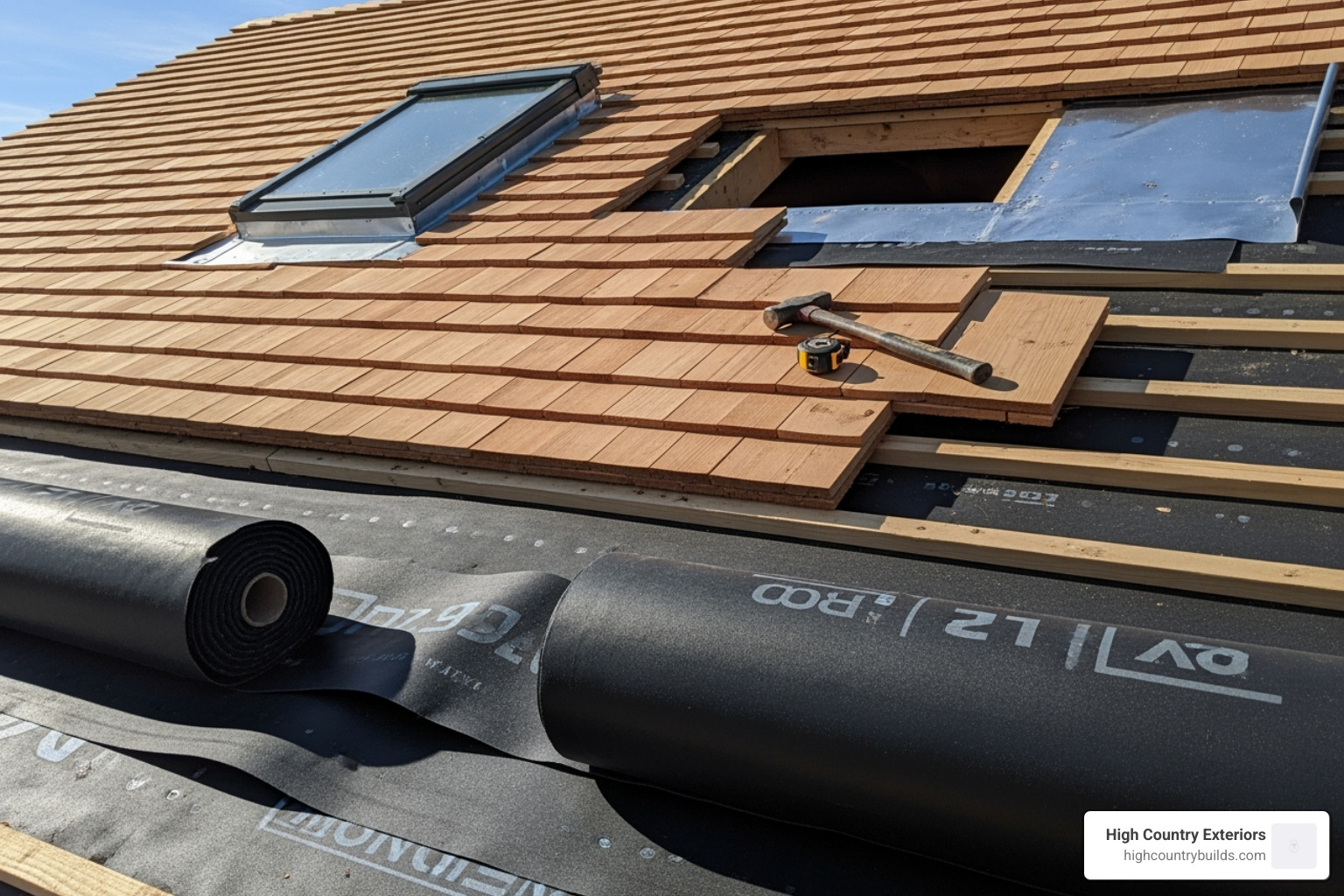 Cedar shake roofing installation in progress, showing underlayment and flashing - Cedar shake roofing