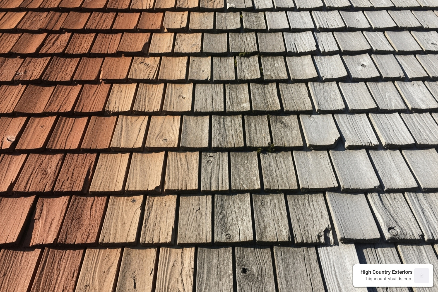 Weathering process of cedar from new reddish-brown to weathered silver-gray - Cedar shake roofing