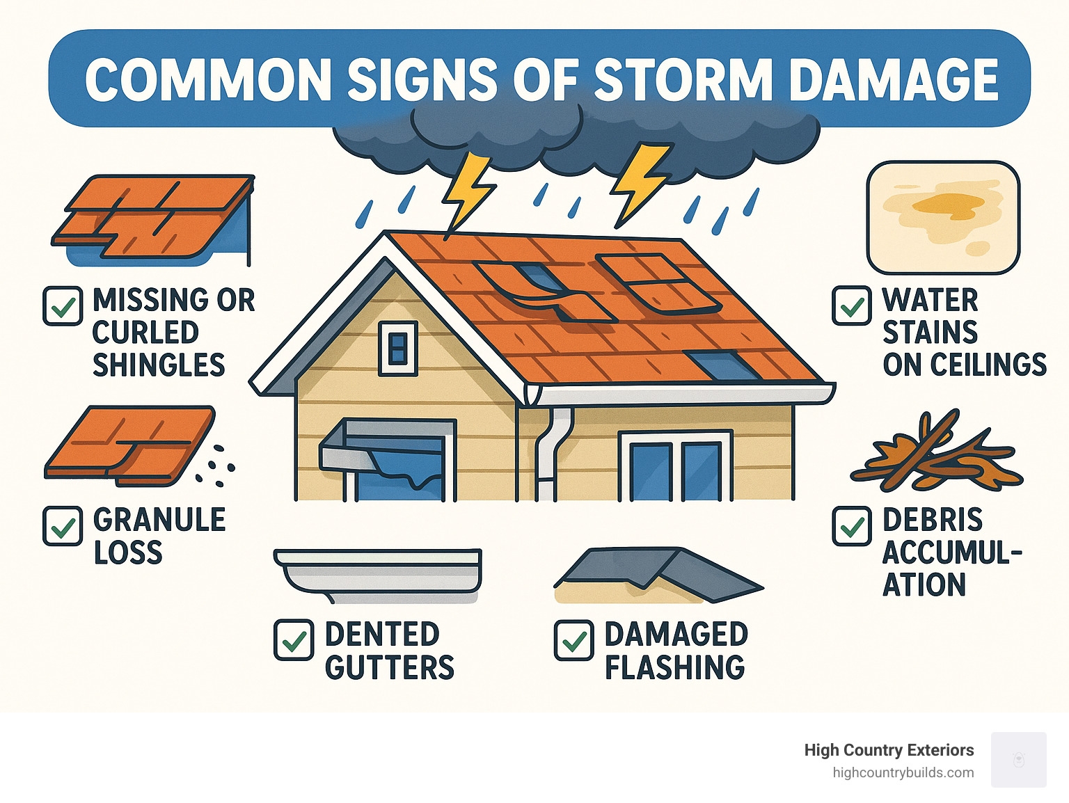 Infographic showing common signs of storm damage including missing or curled shingles, granule loss, dented gutters, damaged flashing, water stains on ceilings, and debris accumulation with checkboxes for homeowners to identify damage - storm damage roof repair idaho falls infographic 