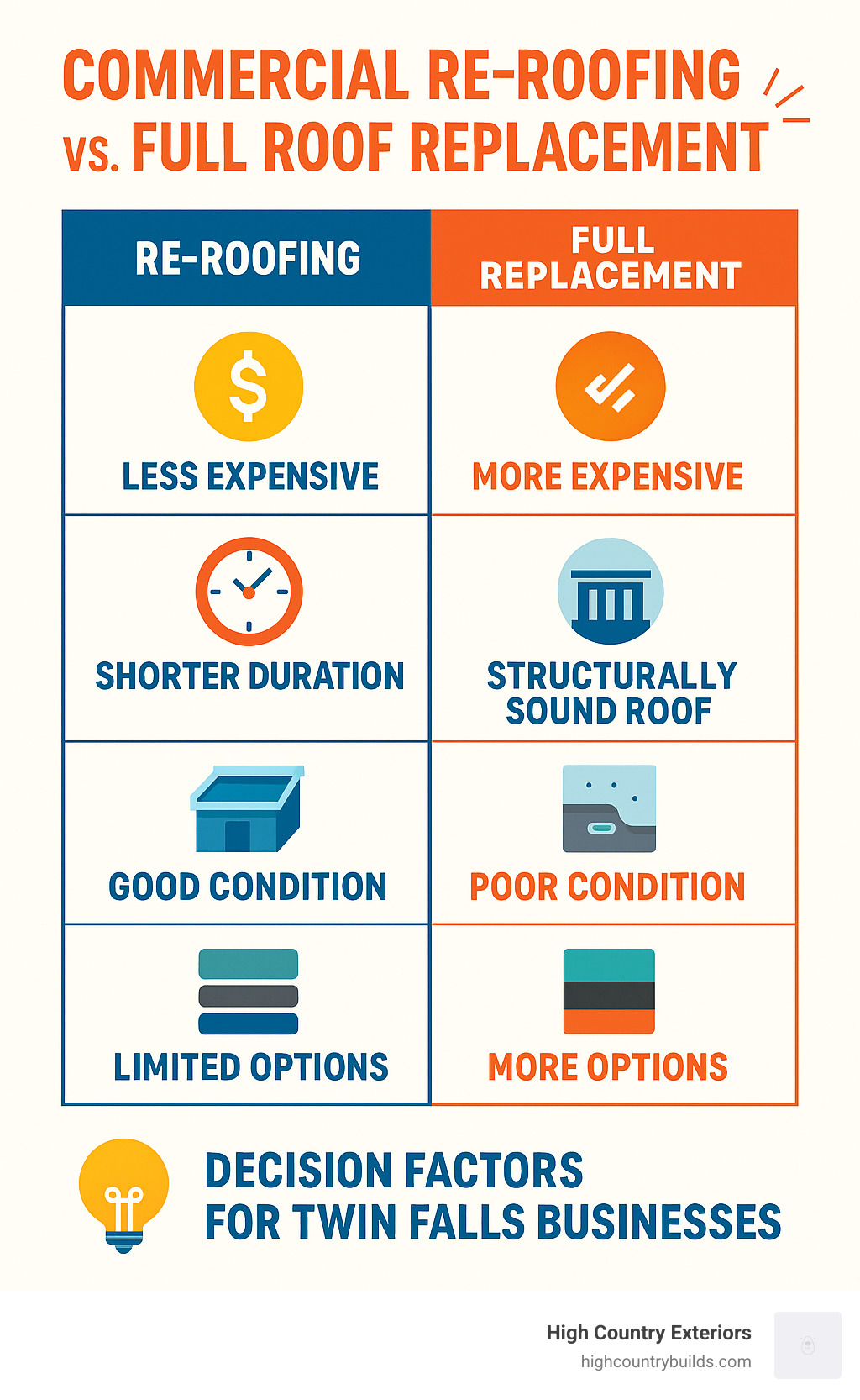 Detailed comparison infographic showing commercial re-roofing versus full roof replacement, including cost differences, timeline comparisons, structural requirements, suitable roof conditions, material options, and decision-making factors for Twin Falls businesses - Commercial re-roofing infographic 