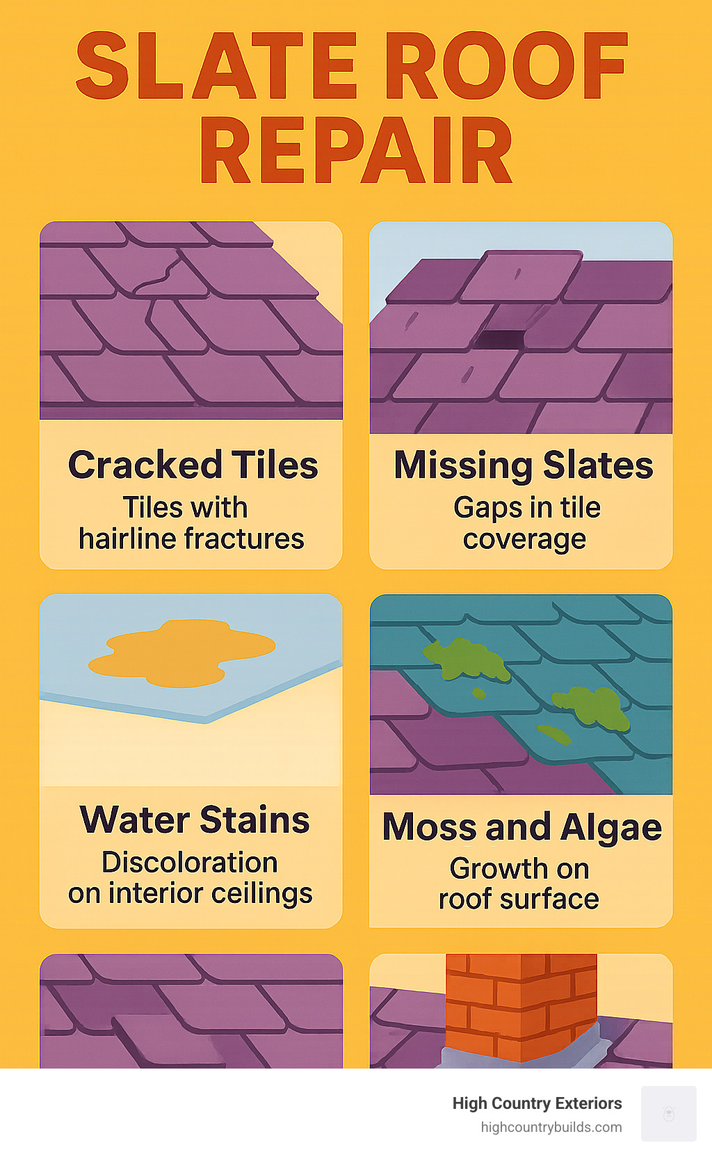Infographic showing slate roof repair warning signs including cracked tiles with hairline fractures, missing slate pieces creating gaps in coverage, water stains appearing as brown or yellow discoloration on interior ceilings, moss and algae growth indicating moisture retention, slipped tiles that have moved out of position, and damaged flashing around chimneys and penetrations - Slate roof repair infographic 