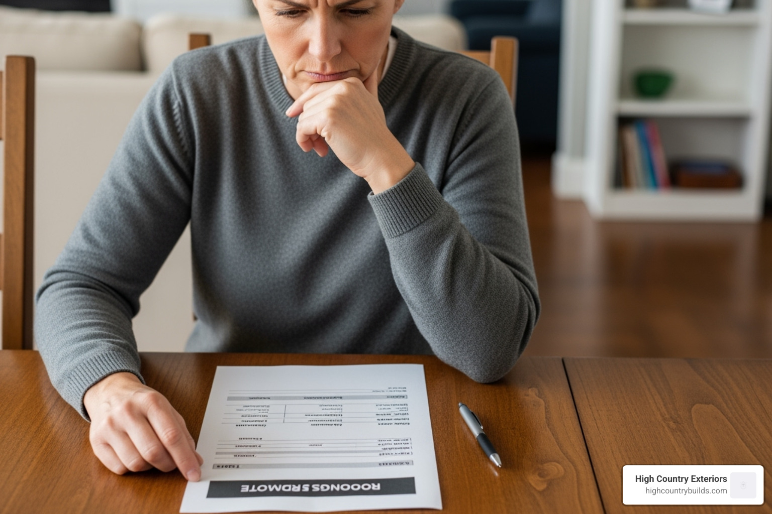 Homeowner thoughtfully looking at a roofing estimate document - Roofing company reviews