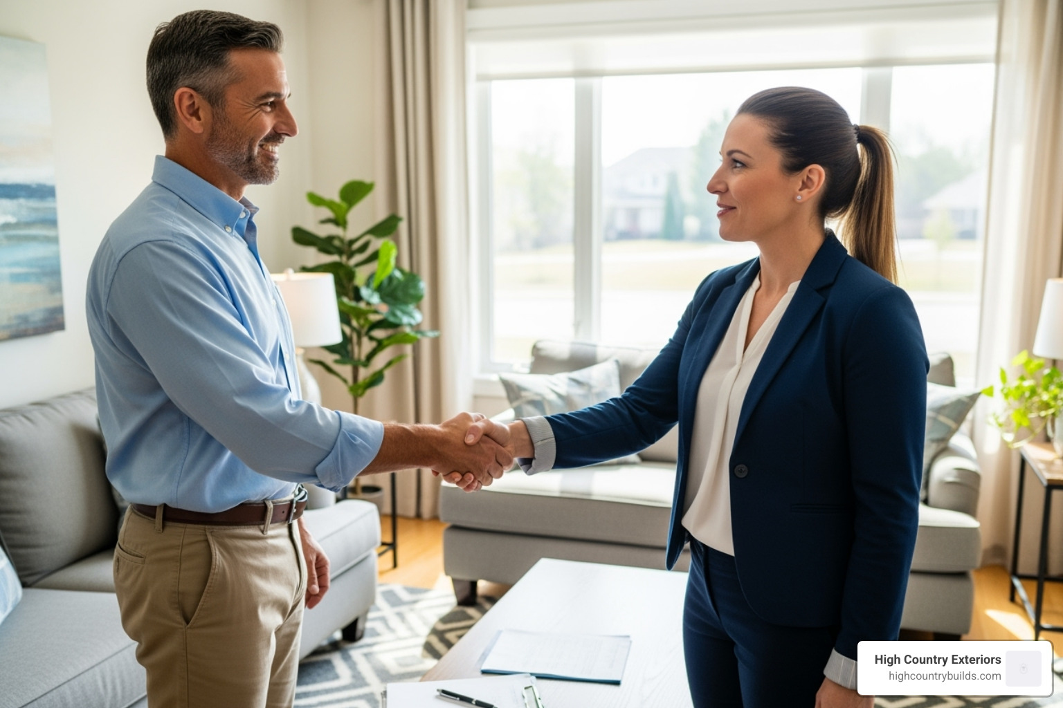 Homeowner smiling and shaking hands with a contractor after discussing financing - Roofing company reviews