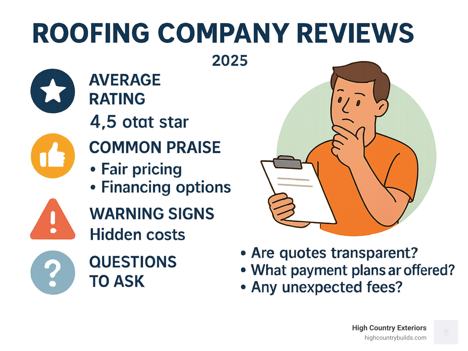 Detailed breakdown of roofing company review analysis showing average ratings, common praise themes including fair pricing and financing options, warning signs about hidden costs, and key questions homeowners should ask based on customer feedback patterns - Roofing company reviews infographic 