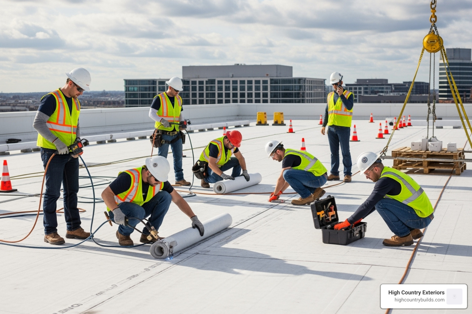 a roofing team safely working on a commercial roof - commercial roofing company in idaho falls