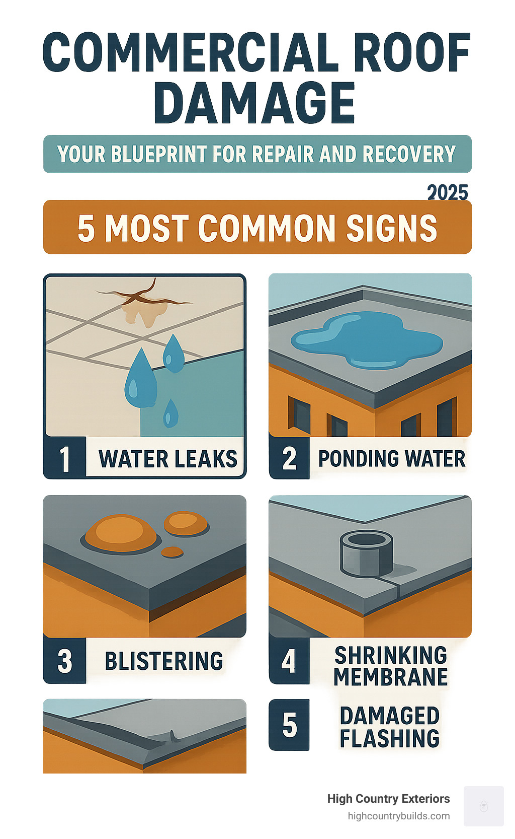 Infographic showing the 5 most common signs of commercial roof damage: water leaks with brown ceiling stains, ponding water pooling on flat surfaces, blistering bubbles in roofing membrane, shrinking membrane pulling away from edges, and damaged flashing around roof penetrations - commercial roof damage infographic 