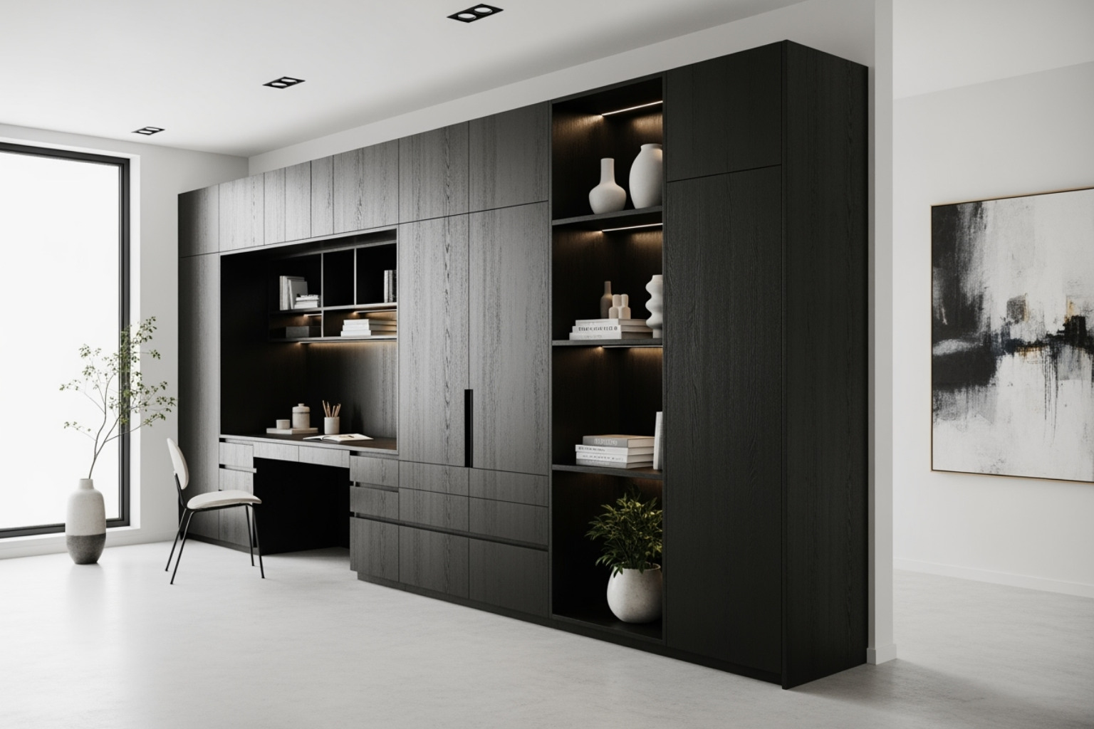 Sleek, floor-to-ceiling built-in cabinets designed by G&M Craftsman Cabinets, showcasing integrated storage and a minimalist aesthetic - multipurpose room ideas