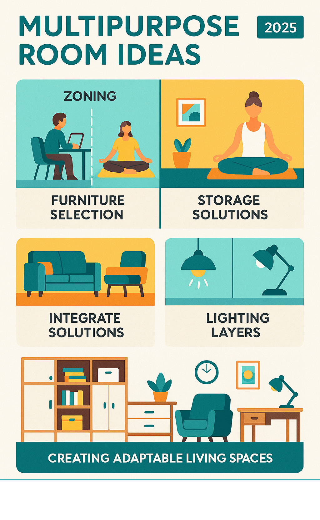 Comprehensive guide to multipurpose room design showing zoning techniques, furniture selection, storage solutions, lighting layers, and design cohesion principles for creating adaptable living spaces - multipurpose room ideas infographic 
