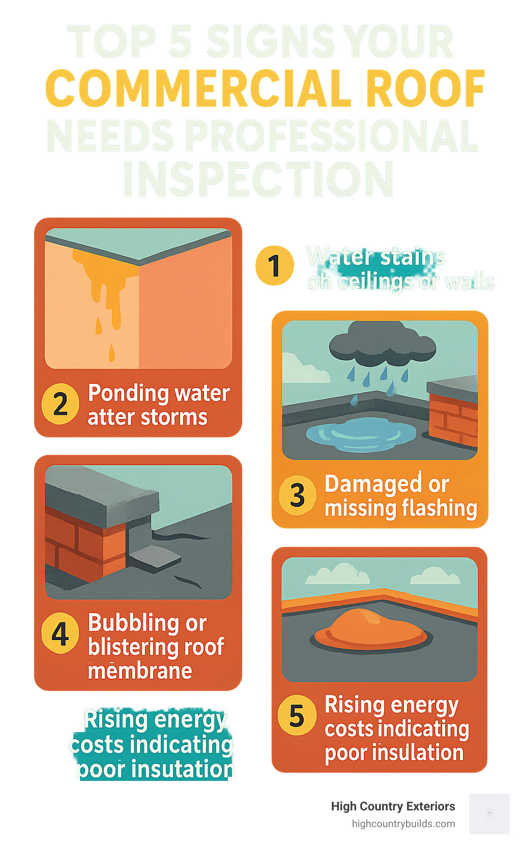 Top 5 signs your commercial roof needs professional inspection: 1) Water stains on ceilings or walls, 2) Ponding water after storms, 3) Damaged or missing flashing, 4) Bubbling or blistering roof membrane, 5) Rising energy costs indicating poor insulation - commercial roofing company in idaho falls infographic 