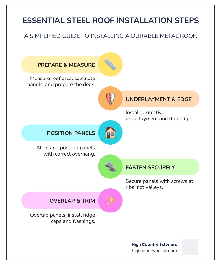 Complete steel roof installation process showing deck preparation, underlayment, panel installation, fastening techniques, and trim work with safety equipment and proper tool usage - steel roof installation infographic infographic-line-5-steps-colors