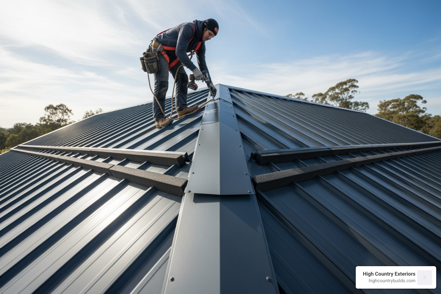 A roofer installing a metal ridge cap on a steel roof, with foam closure strips visible underneath for sealing and ventilation. - steel roof installation