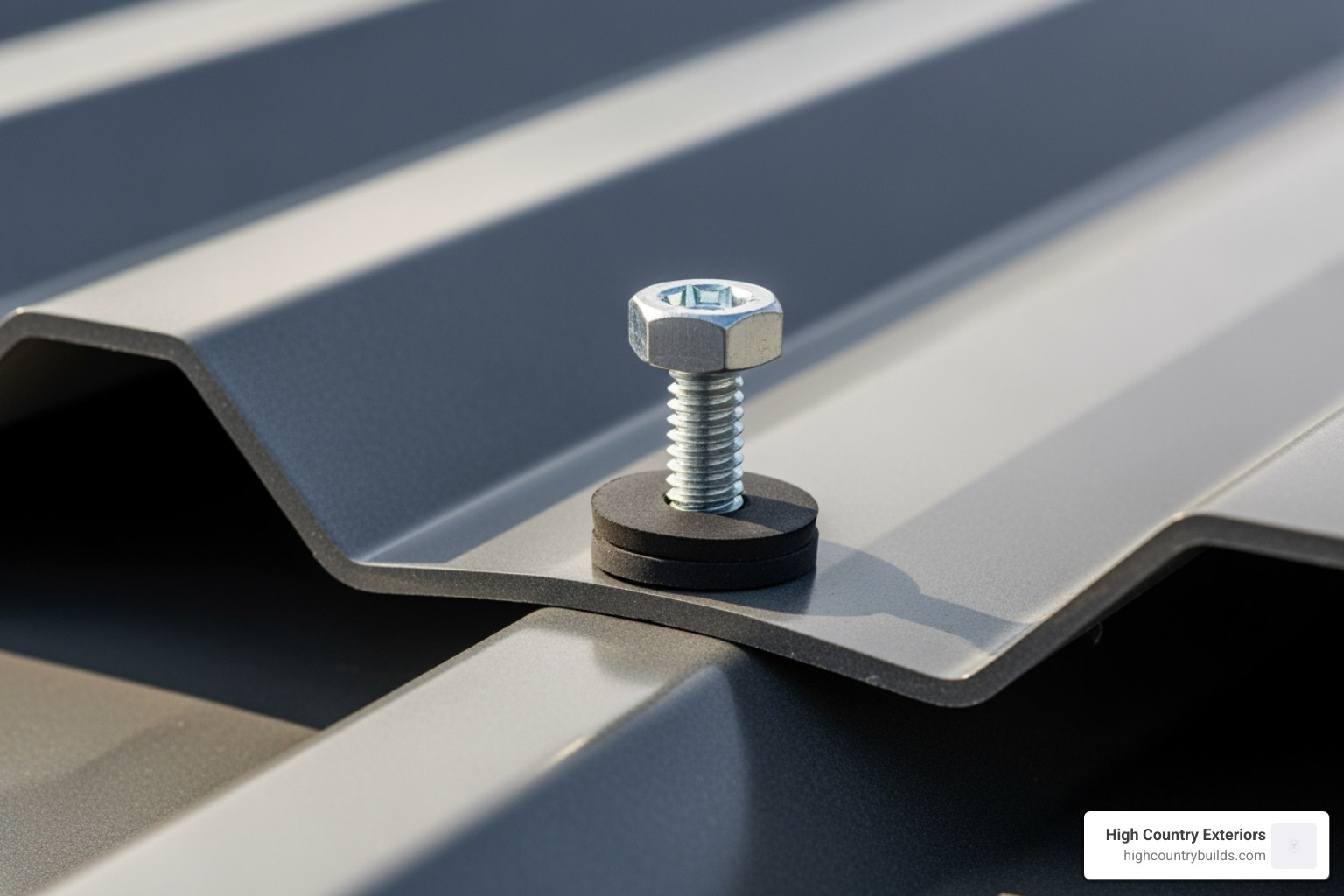 A close-up image showing a roofing screw driven correctly into a metal panel, with the neoprene washer perfectly compressed and flat against the surface. - steel roof installation