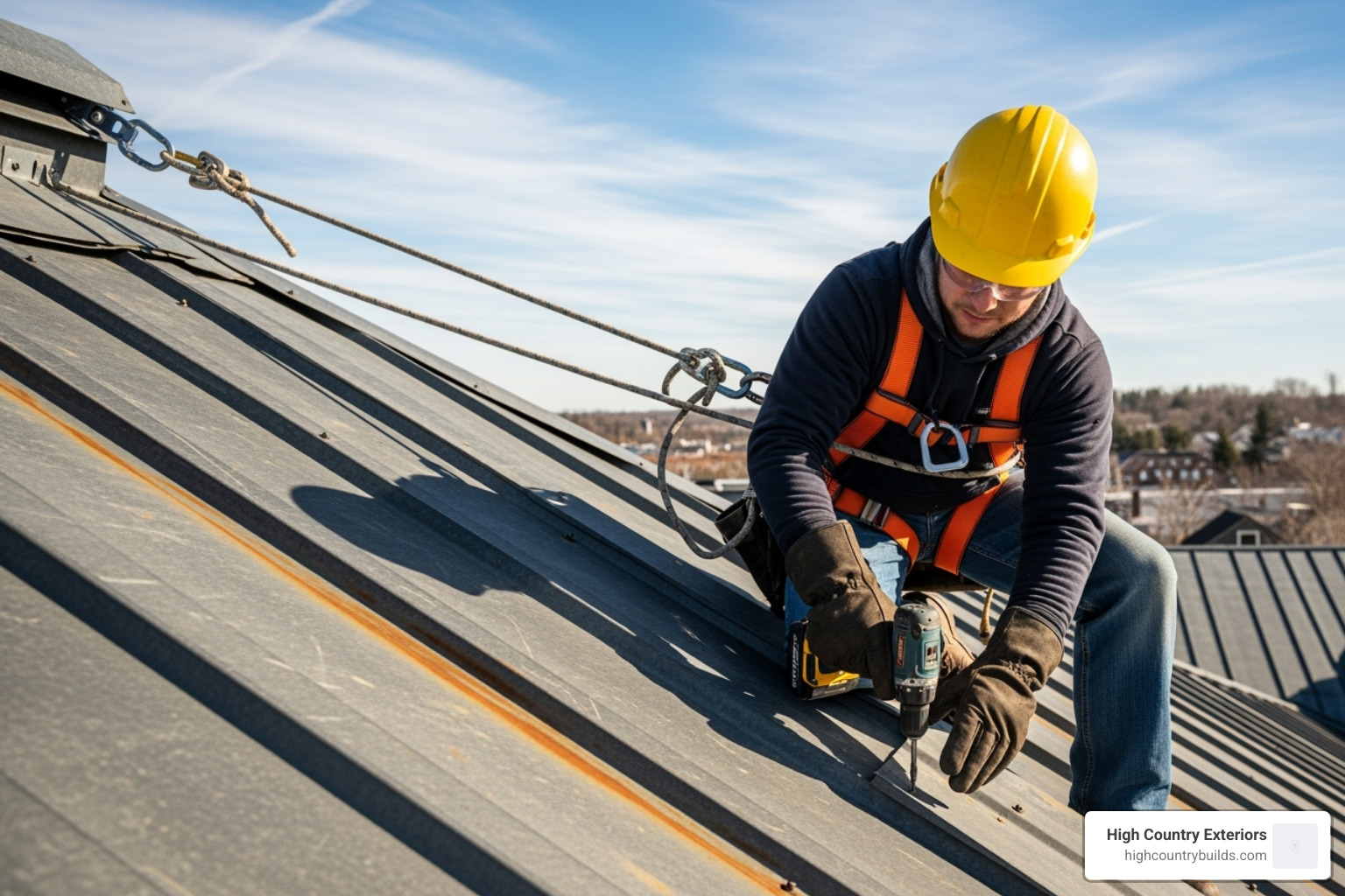 A roofer wearing a full safety harness, hard hat, gloves, and safety glasses, working on a metal roof. - steel roof installation