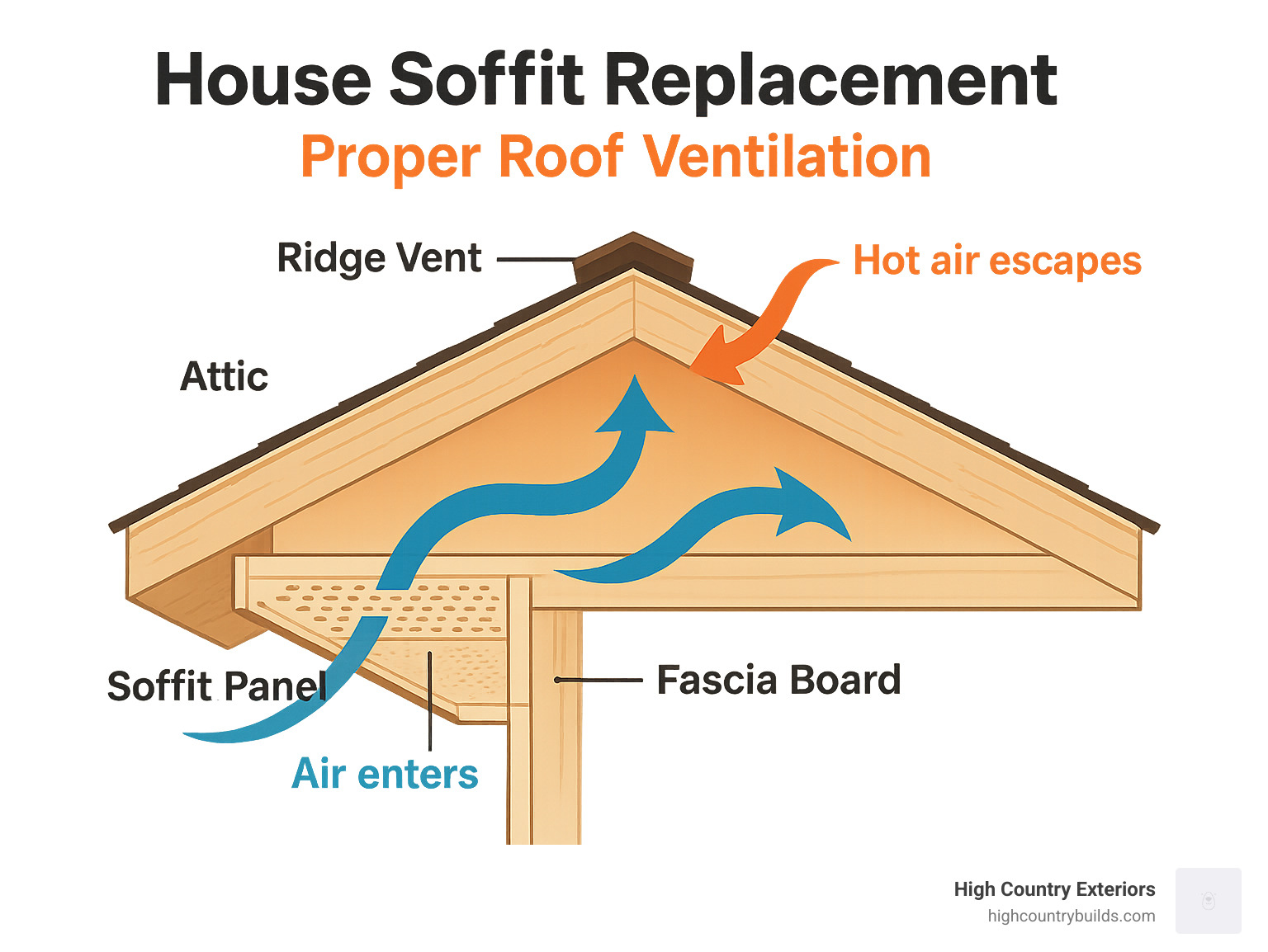 Detailed infographic showing cross-section of roof eave with labeled soffit panel, fascia board, and airflow arrows demonstrating how vented soffits allow air to enter attic space while ridge vents allow hot air to escape, creating proper ventilation cycle - house soffit replacement infographic Detailed infographic showing cross-section of roof eave with labeled soffit panel, fascia board, and airflow arrows demonstrating how vented soffits allow air to enter attic space while ridge vents allow hot air to escape, creating proper ventilation cycle - house soffit replacement infographic