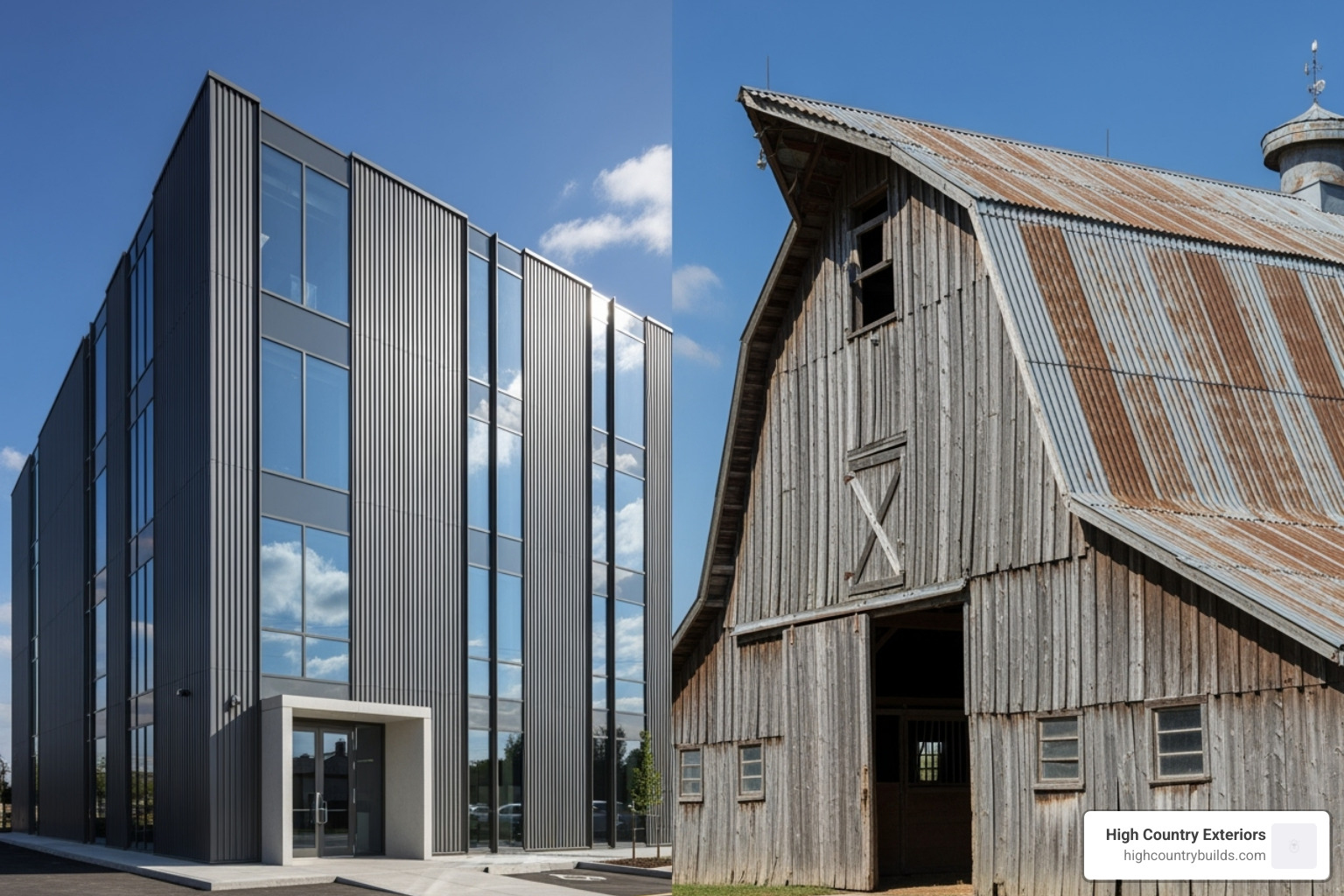 A split view of a commercial building with vertical corrugated steel siding and an agricultural barn with a corrugated steel roof - corrugated steel cladding A split view of a commercial building with vertical corrugated steel siding and an agricultural barn with a corrugated steel roof - corrugated steel cladding