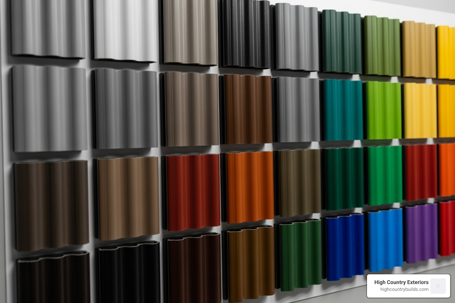 A palette showing various color swatches for steel cladding, from standard grays to bold reds and greens - corrugated steel cladding A palette showing various color swatches for steel cladding, from standard grays to bold reds and greens - corrugated steel cladding