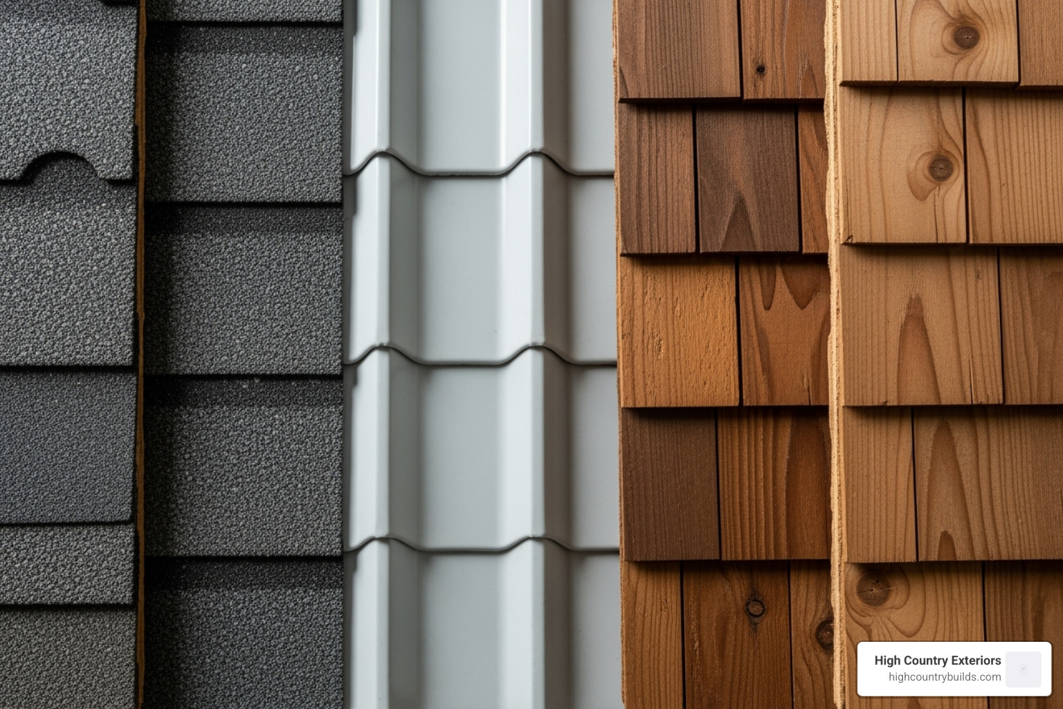 Various roofing material samples like asphalt shingles, metal panels, and cedar shakes