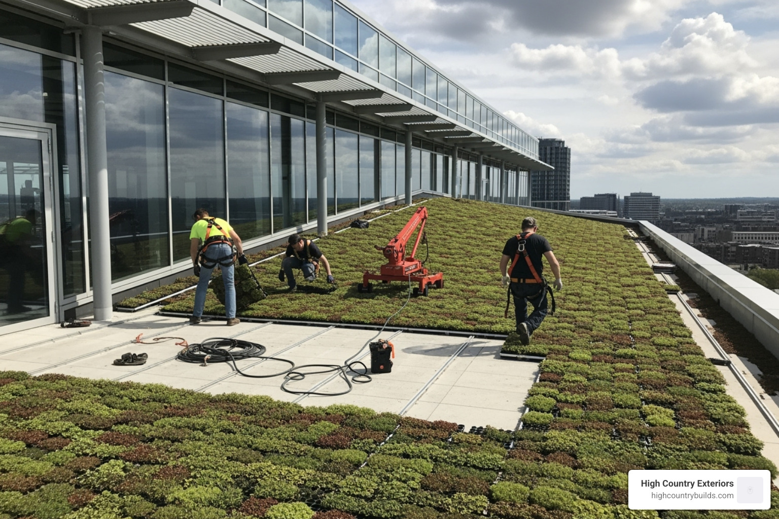 Professionals installing a modular green roof system on a commercial building - Green roof systems