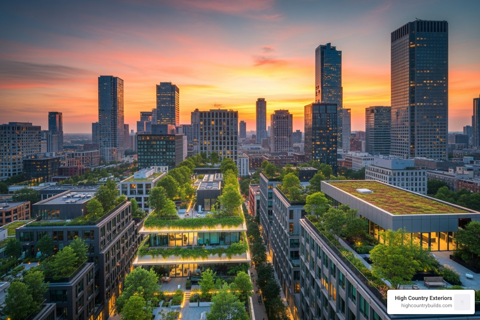 A vibrant city skyline featuring multiple green roofs, highlighting biodiversity and reduced heat - Green roof systems