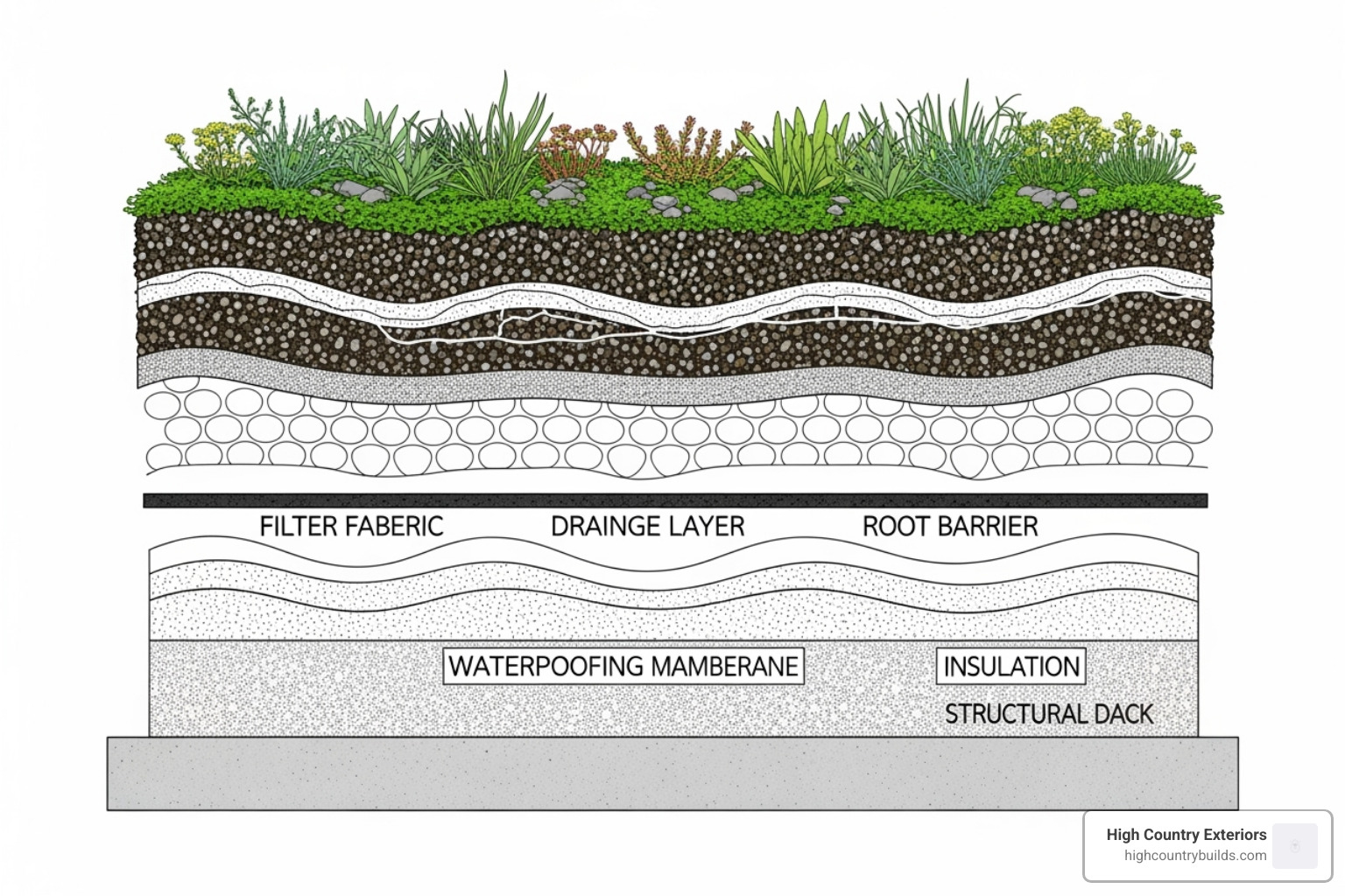 Cross-section diagram showing the layers of a typical green roof system - Green roof systems