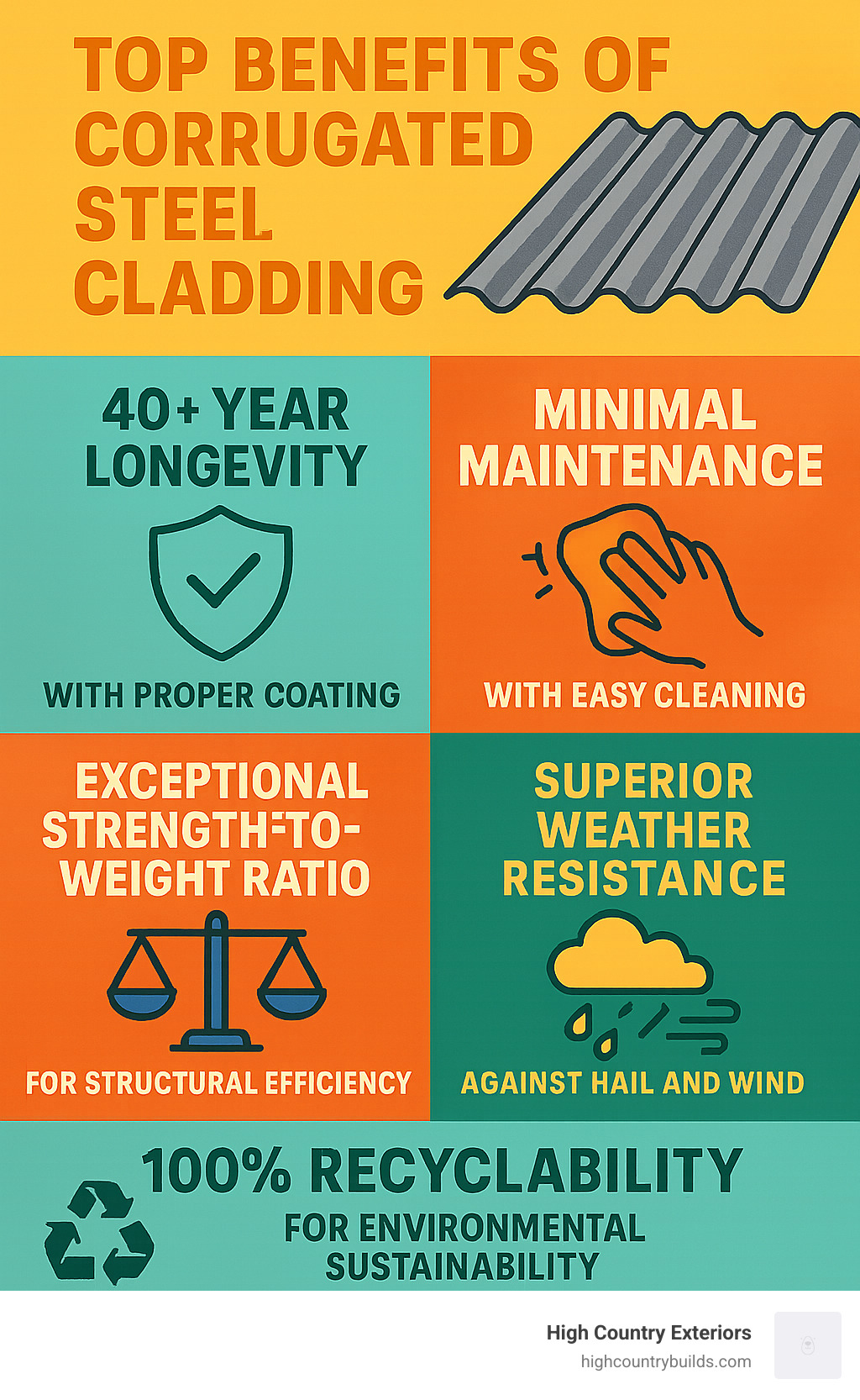Infographic showing the top 5 benefits of corrugated steel cladding: 40+ year longevity with proper coating, minimal maintenance requirements with easy cleaning, exceptional strength-to-weight ratio for structural efficiency, superior weather resistance against hail and wind, and 100% recyclability for environmental sustainability - corrugated steel cladding infographic Infographic showing the top 5 benefits of corrugated steel cladding: 40+ year longevity with proper coating, minimal maintenance requirements with easy cleaning, exceptional strength-to-weight ratio for structural efficiency, superior weather resistance against hail and wind, and 100% recyclability for environmental sustainability - corrugated steel cladding infographic