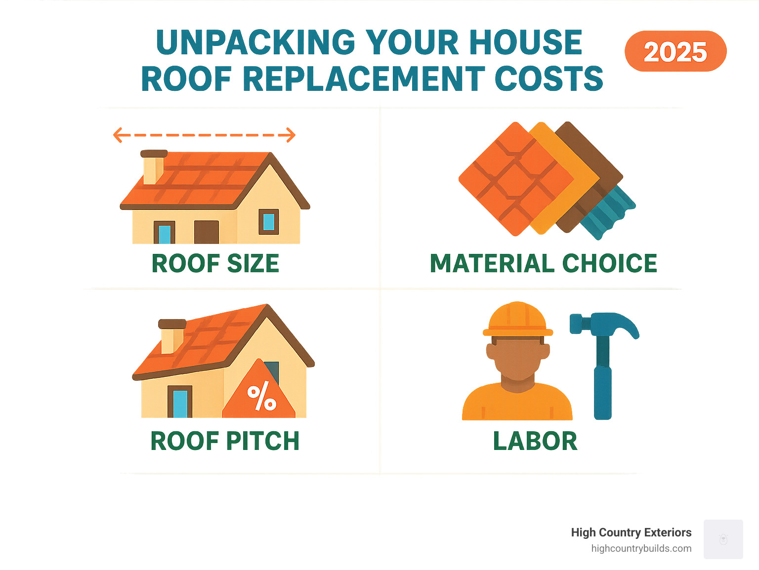 Infographic detailing the main factors influencing house roof replacement cost: roof size, material choice, roof pitch, and labor. - house roof replacement infographic 