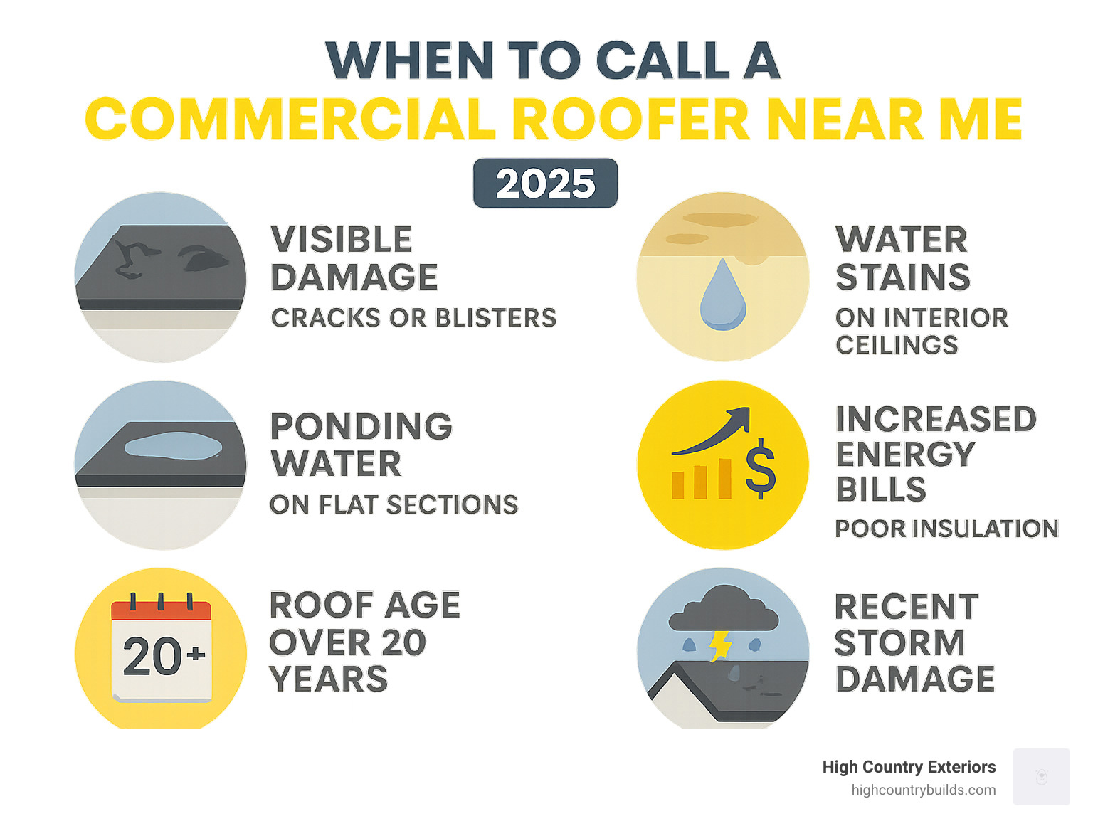 Infographic showing key warning signs that indicate when to call a commercial roofer near me: visible damage like cracks or blisters, water stains on interior ceilings, ponding water on flat sections, increased energy bills suggesting poor insulation, roof age over 20 years, and recent storm damage - commercial roofer near me infographic 