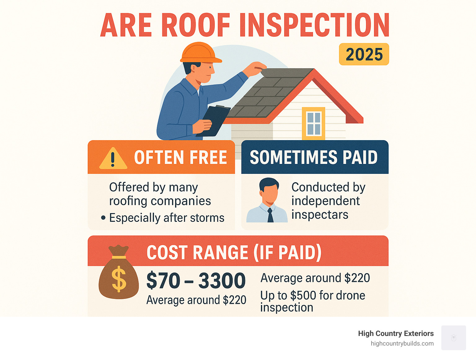Infographic detailing when roof inspections are typically free versus when they are paid, including common scenarios and average cost ranges for paid inspections. - are roof inspections free infographic Infographic detailing when roof inspections are typically free versus when they are paid, including common scenarios and average cost ranges for paid inspections. - are roof inspections free infographic