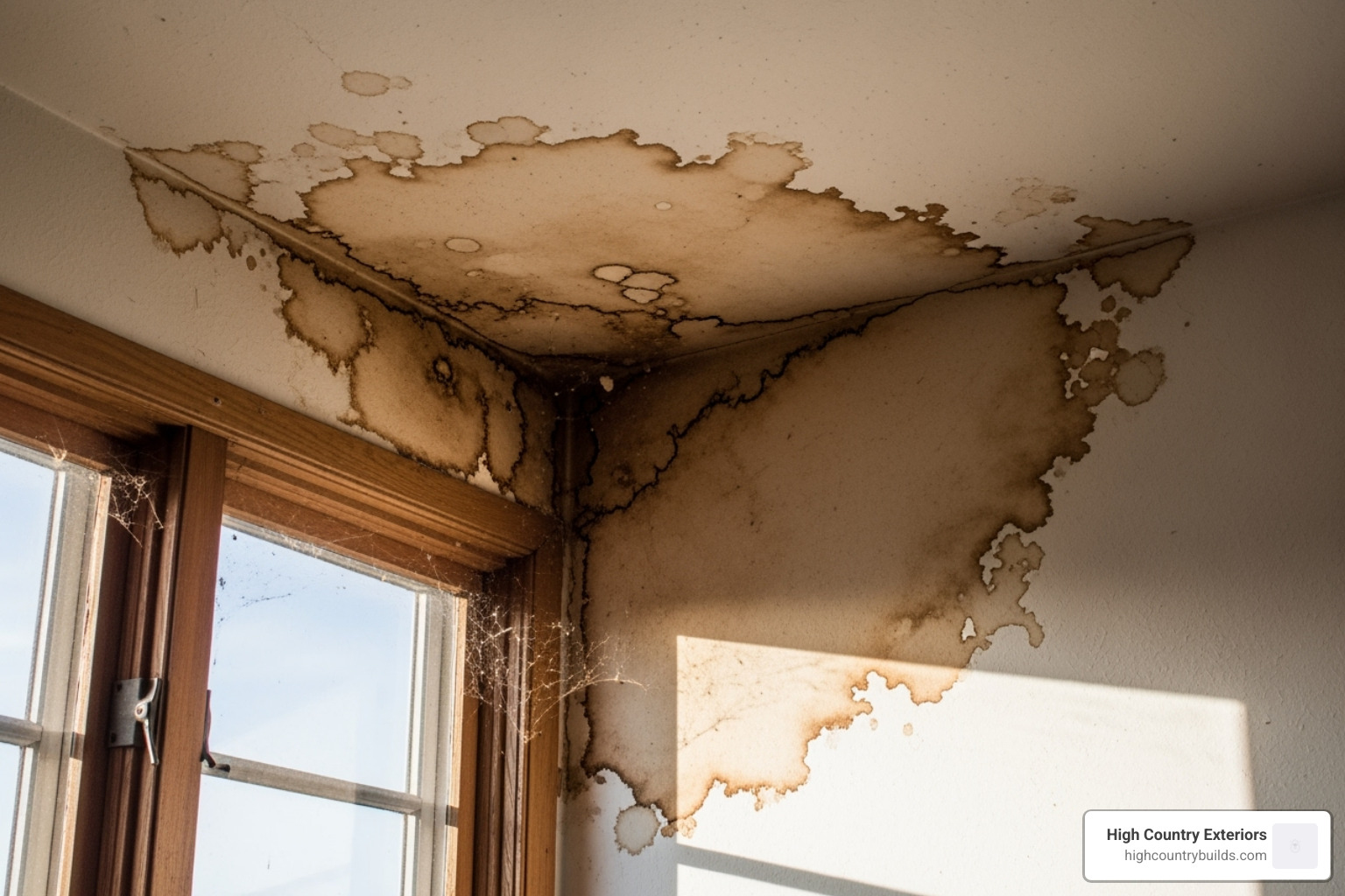 water stains on a ceiling near a window - Condo roof repair water stains on a ceiling near a window - Condo roof repair