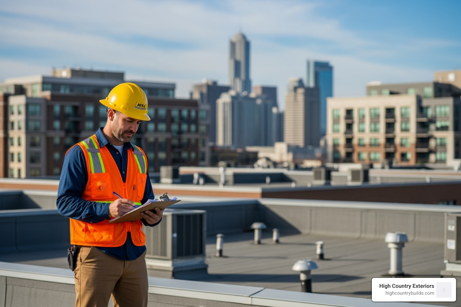 professional roofing contractor inspecting a condo roof with a clipboard - Condo roof repair professional roofing contractor inspecting a condo roof with a clipboard - Condo roof repair