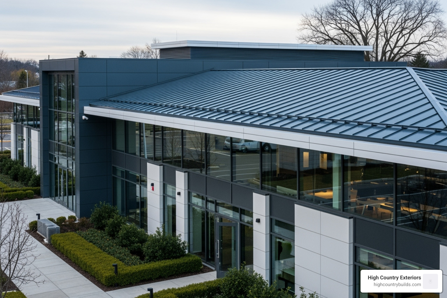 Modern Commercial Building with a Sleek Dark Blue Standing Seam Roof - blue metal roof Modern Commercial Building with a Sleek Dark Blue Standing Seam Roof - blue metal roof