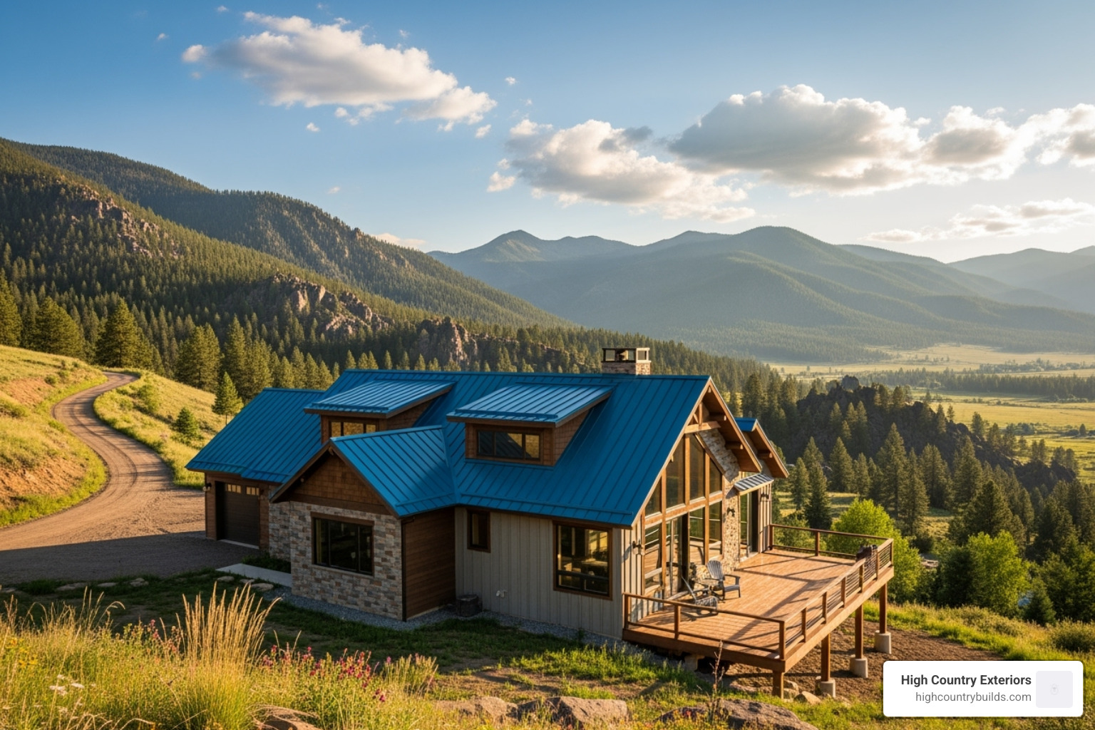 Completed residential blue metal roof in a scenic, mountainous area like Idaho - blue metal roof Completed residential blue metal roof in a scenic, mountainous area like Idaho - blue metal roof
