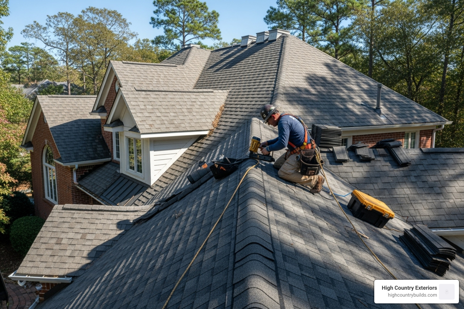 a roofer working on a steep, complex roof - 1000 sq ft roof replacement cost