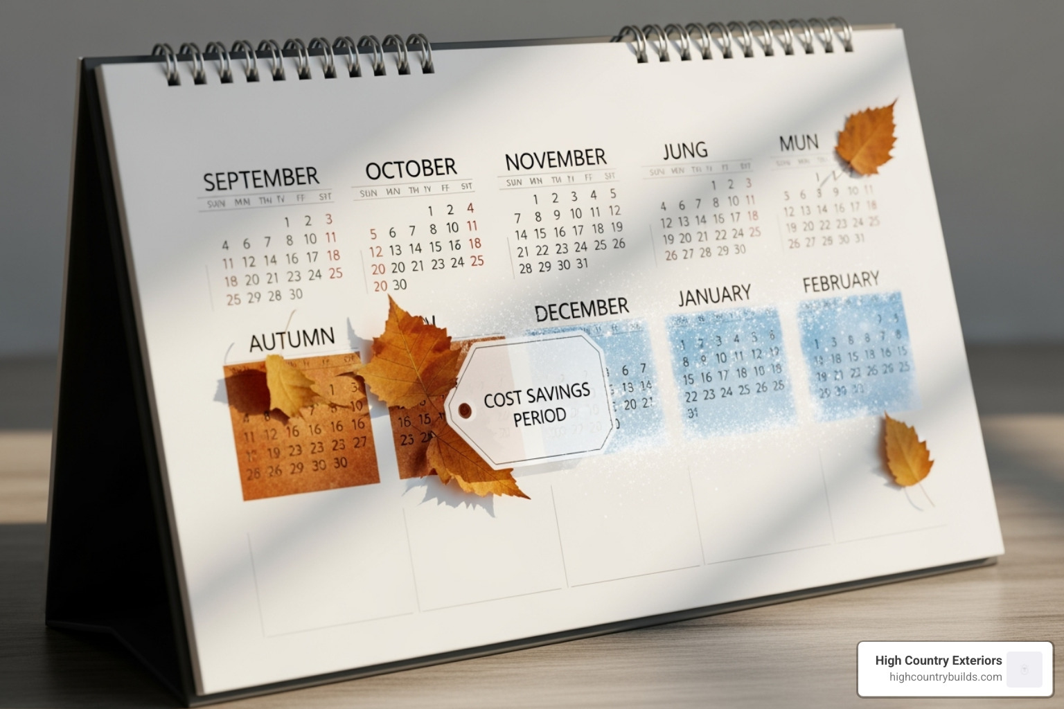 a calendar highlighting fall/winter for off-season savings - 1000 sq ft roof replacement cost