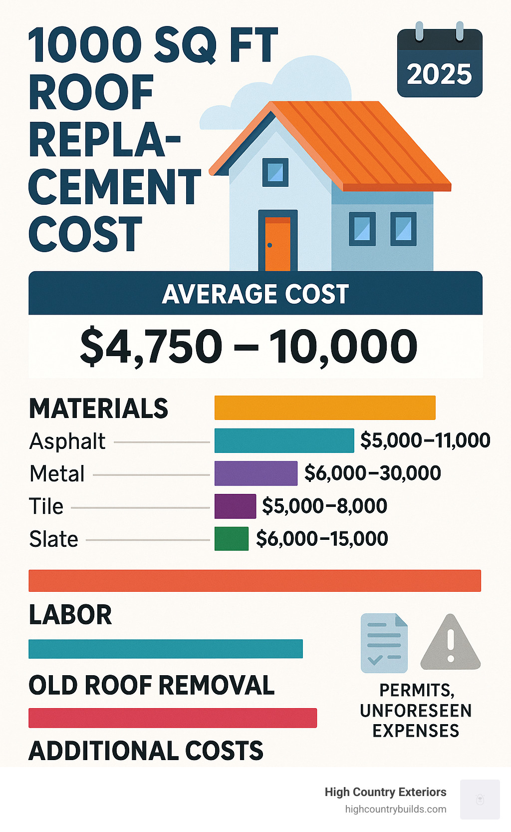 Infographic detailing the average cost breakdown for a 1000 sq ft roof replacement, showing typical ranges for materials (asphalt, metal, tile, slate, flat), labor, old roof removal, and additional costs like permits and unforeseen expenses. - 1000 sq ft roof replacement cost infographic 