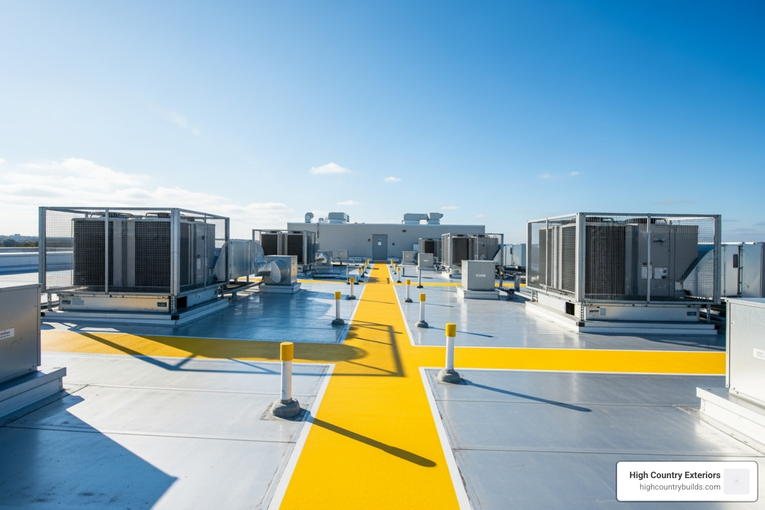 Clean commercial roof with clearly marked walkways and protected HVAC units - how to repair storm damage on commercial roof