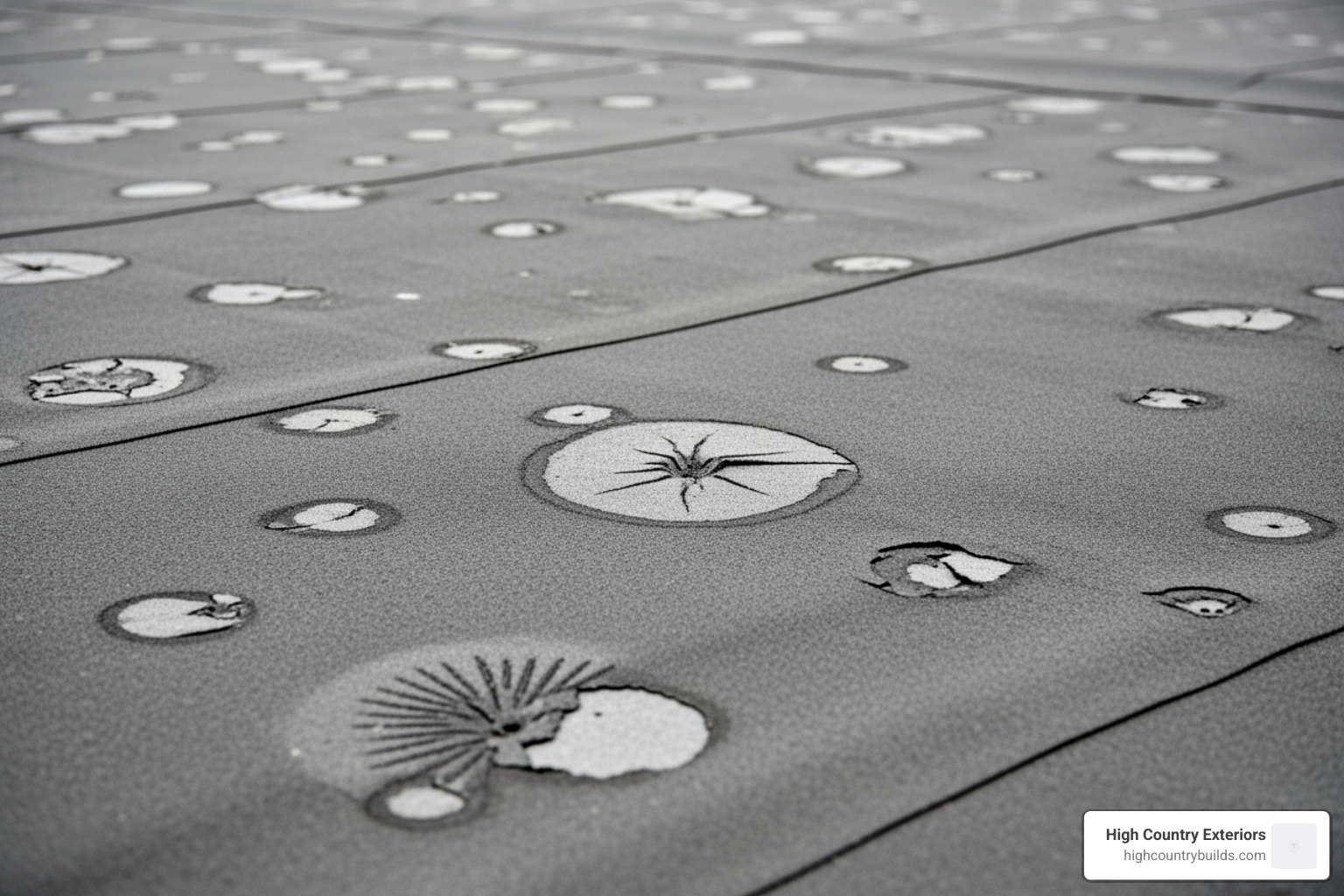 Hail impact marks on a flat roof membrane - how to repair storm damage on commercial roof