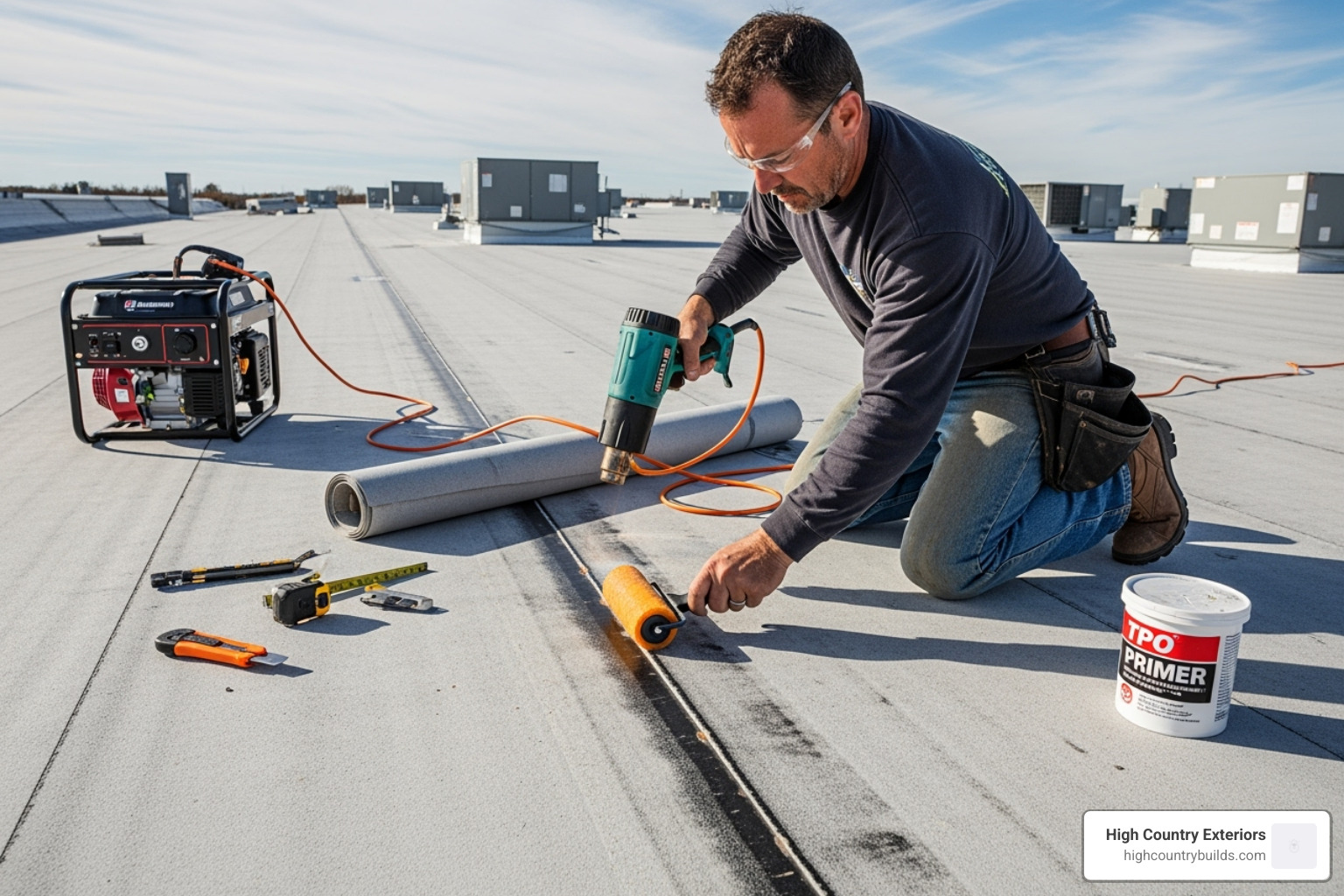 Roofer sealing a seam on a TPO roof - how to repair storm damage on commercial roof