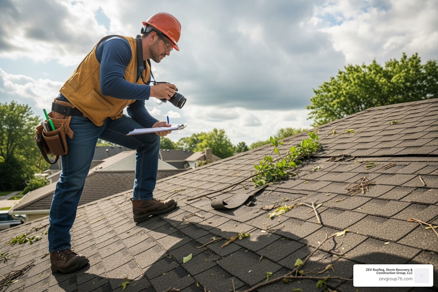 professional roofer inspecting a roof - storm damage roof repair service
