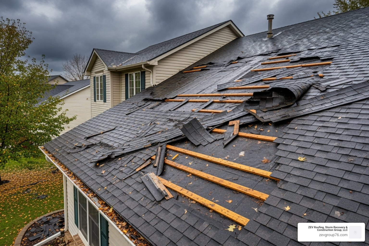 residential roof with visible storm damage, like missing shingles - storm damage roof repair service
