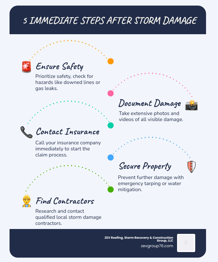 Infographic showing the 5 immediate steps after storm damage: 1) Ensure safety and document hazards, 2) Take photos and videos of all damage, 3) Contact your insurance company immediately, 4) Secure your property to prevent further damage, 5) Research and contact qualified local storm damage contractors - storm damage contractor infographic infographic-line-5-steps-blues-accent_colors Infographic showing the 5 immediate steps after storm damage: 1) Ensure safety and document hazards, 2) Take photos and videos of all damage, 3) Contact your insurance company immediately, 4) Secure your property to prevent further damage, 5) Research and contact qualified local storm damage contractors - storm damage contractor infographic infographic-line-5-steps-blues-accent_colors