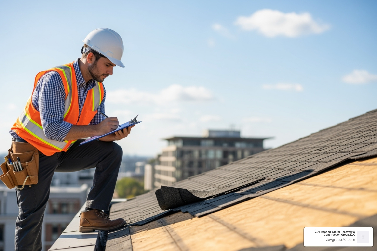 A professional claims expert carefully inspecting roof damage with a clipboard - insurance claims assistance company A professional claims expert carefully inspecting roof damage with a clipboard - insurance claims assistance company
