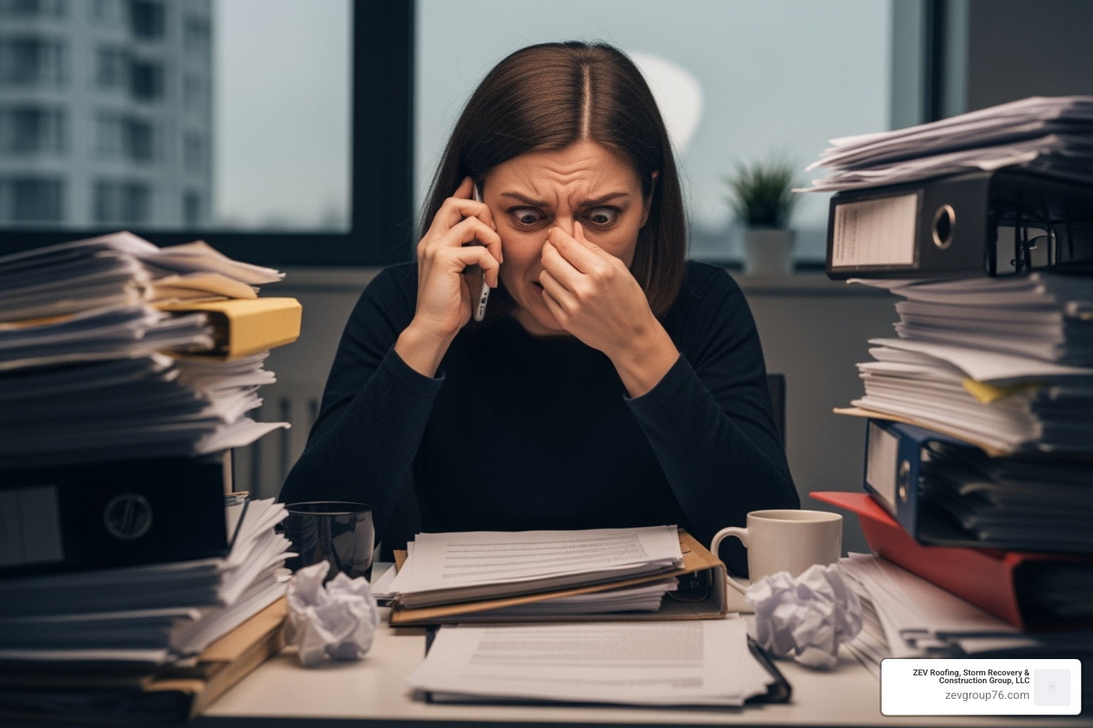 A frustrated person surrounded by paperwork and on the phone, looking overwhelmed - insurance claims assistance company A frustrated person surrounded by paperwork and on the phone, looking overwhelmed - insurance claims assistance company