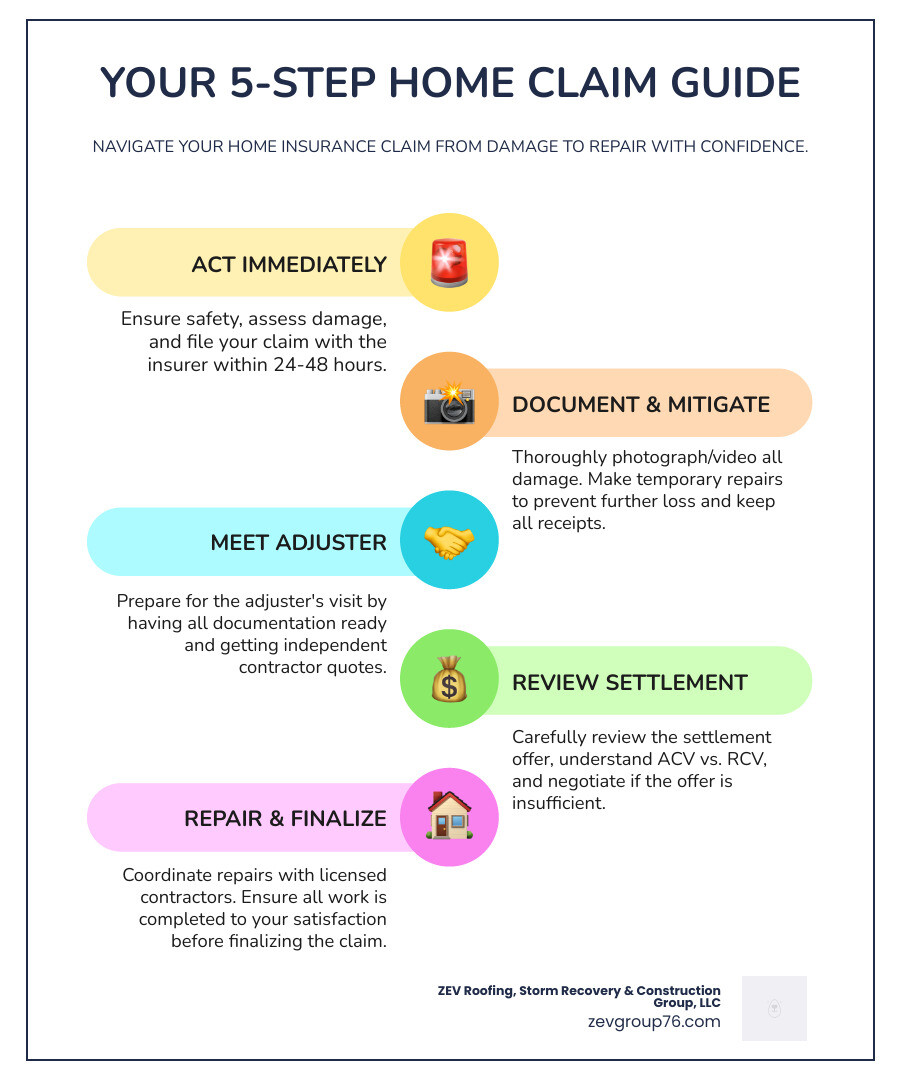 Step-by-step infographic showing the 8 key stages of a home insurance claim: 1) Immediate safety and damage assessment, 2) Contact insurance company and file claim, 3) Document all damage with photos and videos, 4) Make temporary repairs to prevent further damage, 5) Meet with insurance adjuster for property inspection, 6) Review settlement offer and negotiate if needed, 7) Receive payout and coordinate with mortgage servicer if applicable, 8) Complete repairs with licensed contractors and finalize claim - help with homeowners insurance claims infographic infographic-line-5-steps-colors Step-by-step infographic showing the 8 key stages of a home insurance claim: 1) Immediate safety and damage assessment, 2) Contact insurance company and file claim, 3) Document all damage with photos and videos, 4) Make temporary repairs to prevent further damage, 5) Meet with insurance adjuster for property inspection, 6) Review settlement offer and negotiate if needed, 7) Receive payout and coordinate with mortgage servicer if applicable, 8) Complete repairs with licensed contractors and finalize claim - help with homeowners insurance claims infographic infographic-line-5-steps-colors